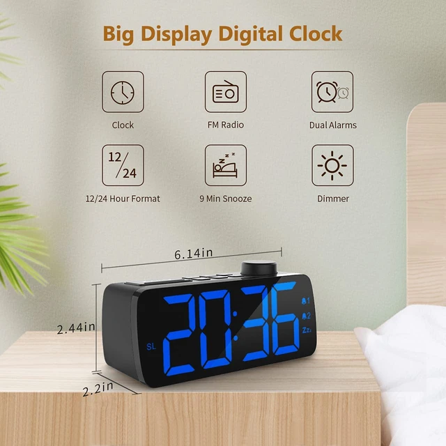 Reveil Projecteur avec Radio, Horloge Numérique, Radio Reveil USB avec  Double Alarme et Écran Miroir LED de 7, Snooze, 4 Niveaux de Luminosité,  12/24h, 15 Volume, pour La Maison, Le Bureau 