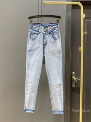 American Retro Light Blue Jeans for Women Spring Slim-Fit Stretch Hip Lift High Waist Pencil Pants Skinny Tappered Trousers