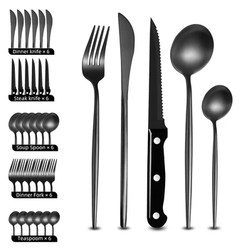 30 pezzi Set di stoviglie nere Coltello da bistecca in acciaio inossidabile Forchetta Cucchiaino da caffè Cucchiaino Posate Lavabile in lavastoviglie Set di stoviglie da cucina 1