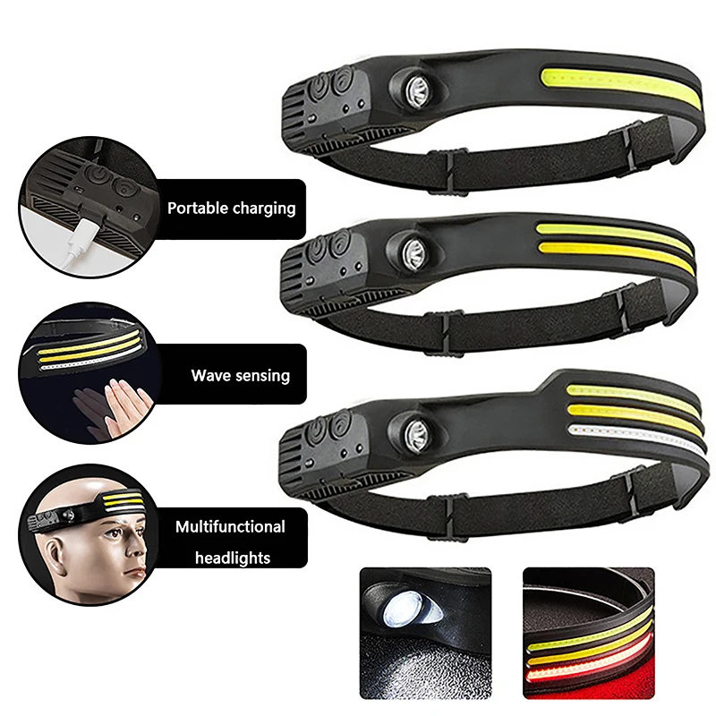 

Super Bright Waterproof Headlamp Head Led Light Sensor HeadLight USB Rechargeable Head Torch Light Front Head Flashlight COB