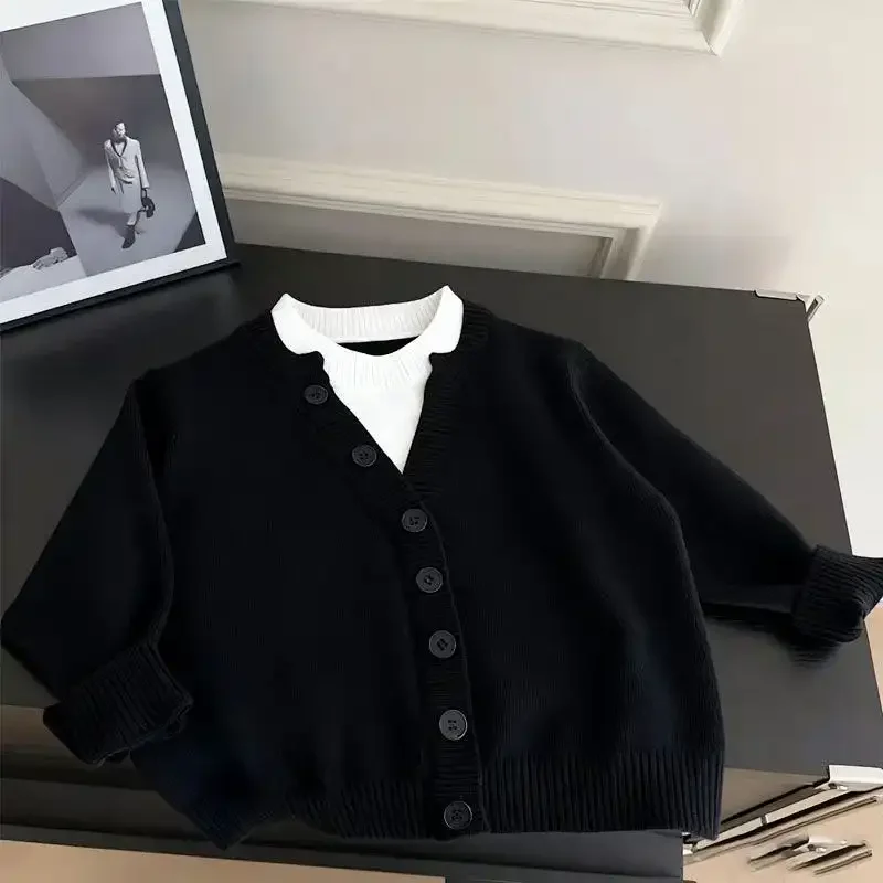 가을용 남아용 페이크 투피스 니트 탑스 어린이 한국 스타일 스플라이싱 핫 스타일 패션 스웨터