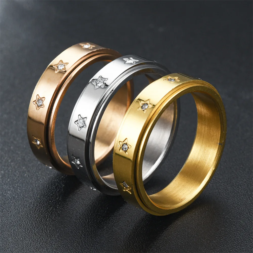 European Wind Stars Diamond-encrusted Stainless Steel Rotating Ring Women To Relieve Anxiety and Decompress Titanium Steel Ring black tai chi bagua star moon animal cool anxiety rotating men s and women s ring stainless steel sitting restless jewelry gifts