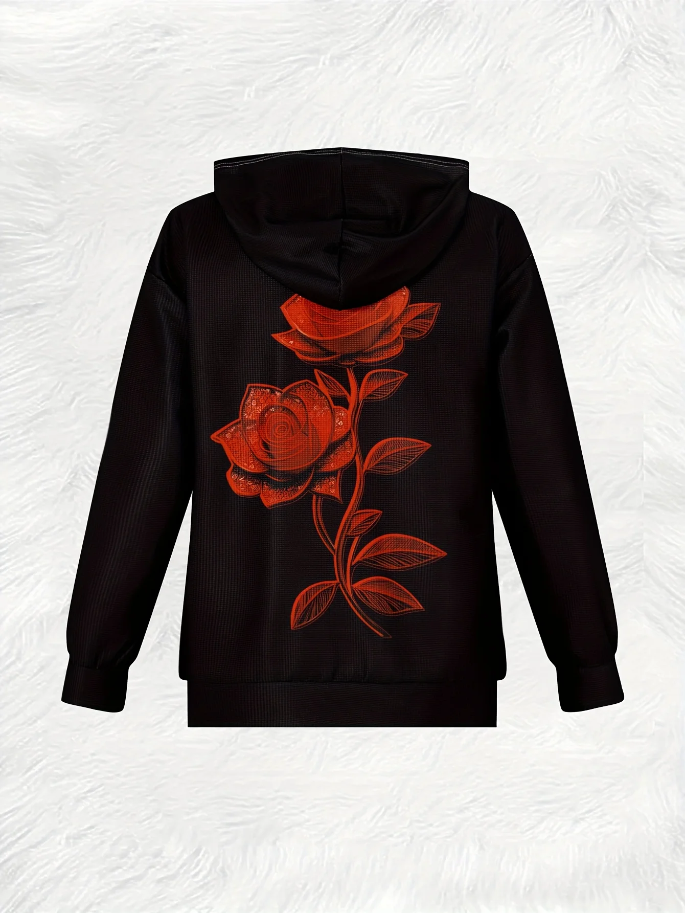 Red Rose Floral Print Hooded Jacket - Casual Style