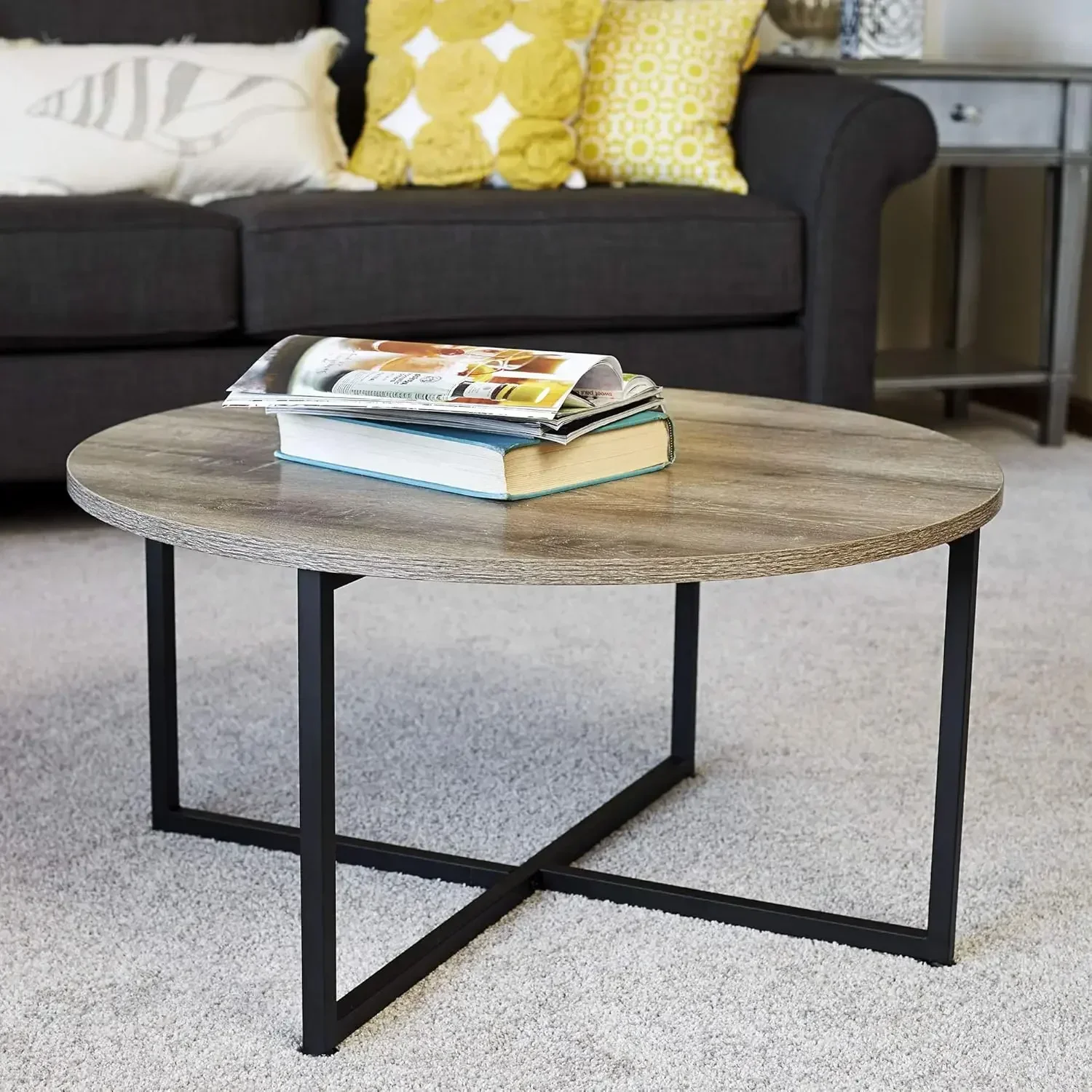 Jamestown Round Coffee Table Ashwood Rustic Wood Grain and Black Metal 31.5 x 31.5, Taupe 2