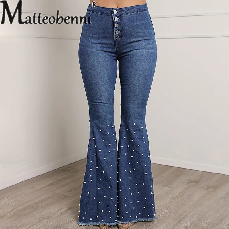 Women's High Waist Button Splicing Jeans Female Trend Beaded Decoration Loose Pants Legs Casual Denim Flared Trousers Streetwear women s micro flared denim pants trend raw hem decoration tassel jeans female fashion new casual stretch commuter blue trousers