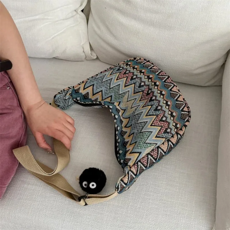 Canvas Embroidery Messenger Bag with Pendant, Ladies Street Trendy Dumpling Shoulder Bags for Women Daily Use, Work Party Travel