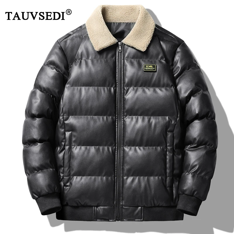 Winter Men Warm Padded Casual Leather Down Parkas Jacket Mens