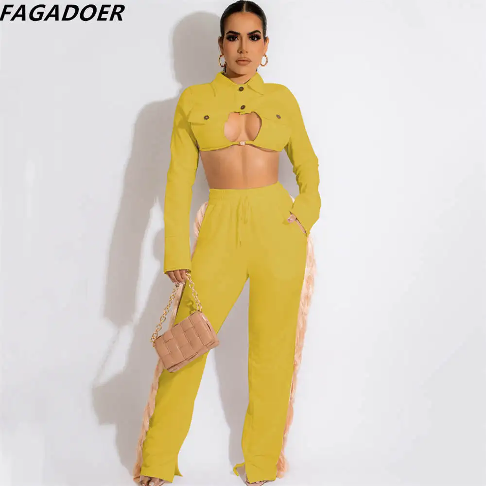 FAGADOER Fashion Streetwear Women Button Hollow Out Backless Crop Top And Pants Two Piece Sets Casual Lace Up Matching Outfits