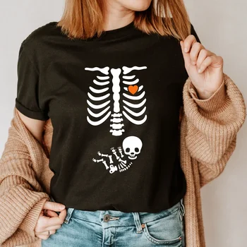 Maternity Halloween Shirt Pregnant Skeleton Baby Tee Ladies T-shirt Casual Short Sleeve Female Clothing Top Tee T-shirt
