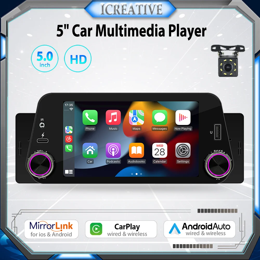 Rádio do carro Multimedia Player, Carplay e Android Auto Display, Navegação Mirrorlink, 5 