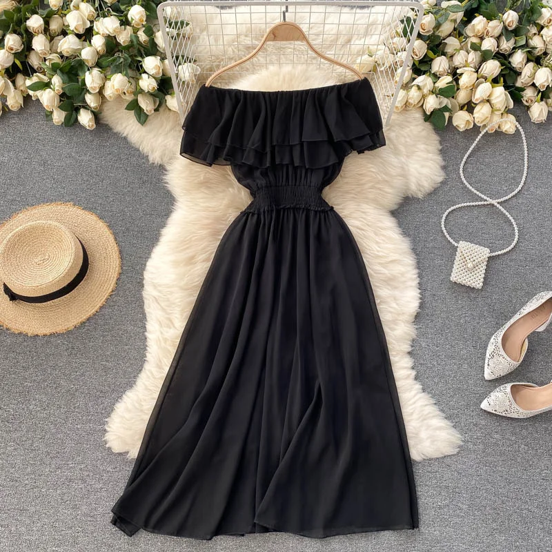 

Women's Sweet Summer Black Dress With Double Layer Ruffle One Shoulder Off Shoulder Waist Slimming Chiffon Vacation Gown