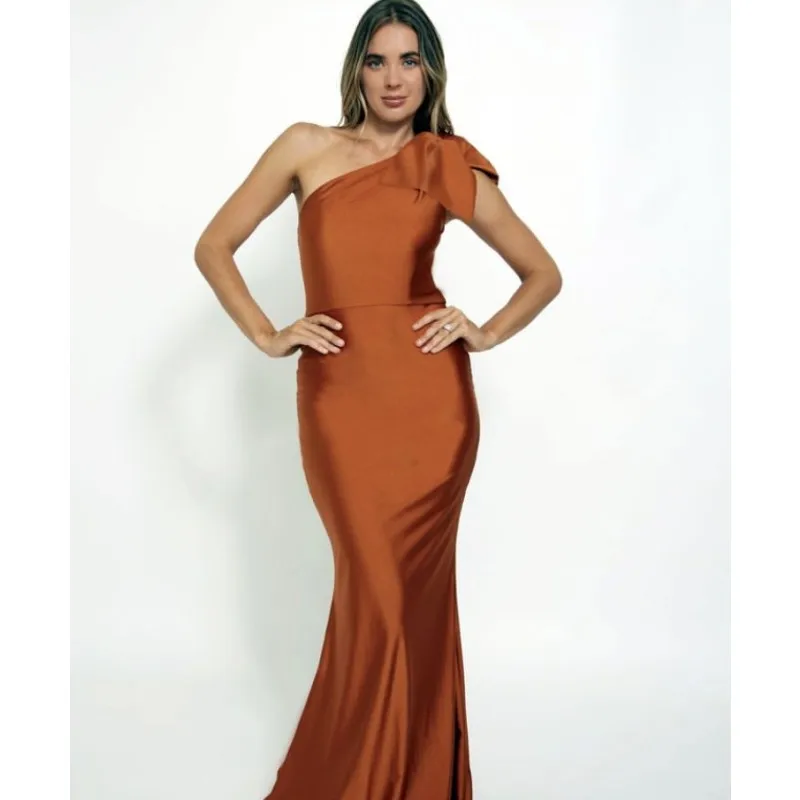 

Bridesmaid Dresses Burnt Orange One Shoulder Floor Length Sweep Train Silk Satin Pleated Bow Bridesmaid Gowns With Lace Up Back