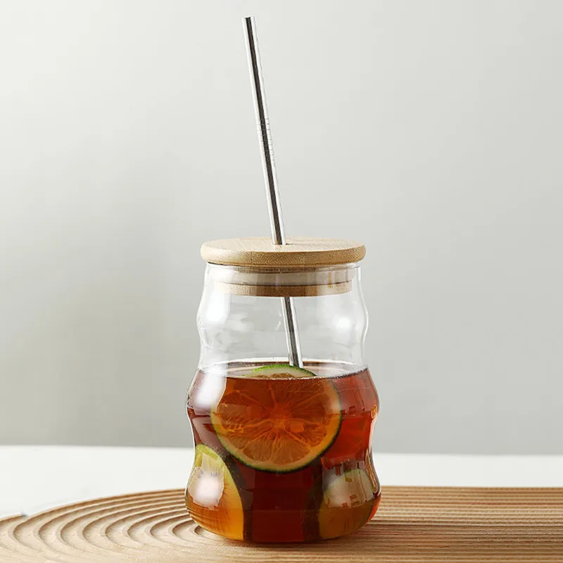 Tasse en Verre Ondulée de 500 ml avec Couvercle et Paille en Bambou