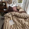 Bedding Set Ins Ambiance Blue Coffee Grid Mixed With Washed Cotton Minimalist Four Piece Set Fitted Sheets Duvet Cover 1