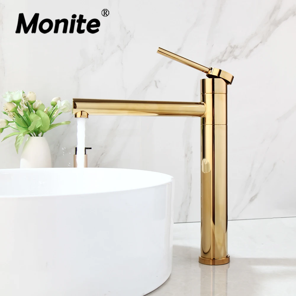 Monite Golden Plated Bathroom Wash Basin Sink Faucet Vessel Stream Spray Deck Mounted Solid Brass Gold Polished Faucet Mixer Tap