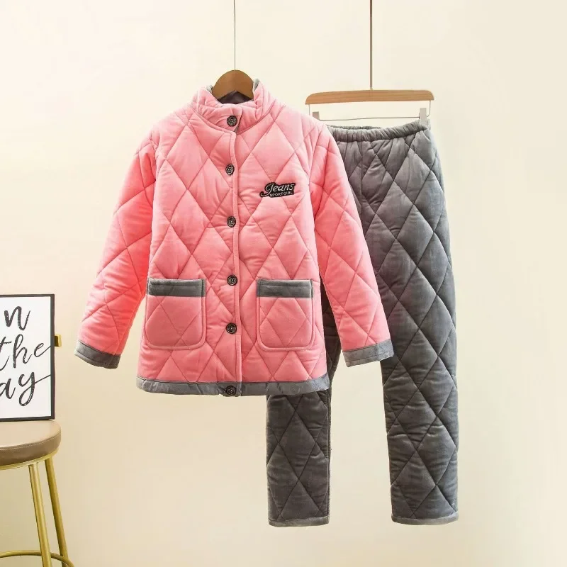 Women Winter Homewear Triple Thick Padded Cotton Sleep Clothes Flannel Loungewear Coral Fleece Famale Pajamas Warm Jacket Set