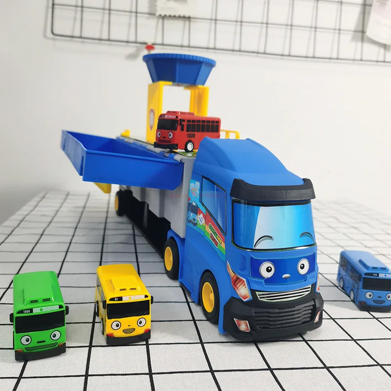 Simulation The Little Bus Container Truck Storage Box Parking Lot Cartoon Children Toys with 3 Pull Back Car Set Toys for Kids