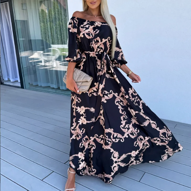 

Women Casual Pattern Print Slash Neck Party Dress Fashion Off Shoulder Tie-up Beach Dress Office Lady Three Quarter Beach Dress