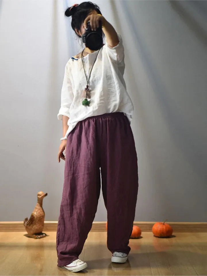 Pantaloni Donna In Lino Vita Alta A Gamba Larga - Modello Hippie Patchwork Grigio, Vita Elastica