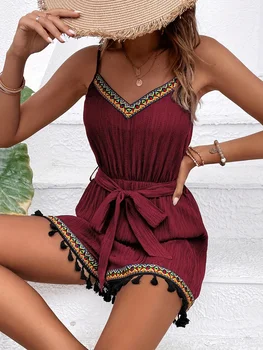 Ethnic Colorful Tassel Trim Texture Pure Color Strap Jumpsuit And Belt Short Pants One-Piece Suit with National Style Details 1