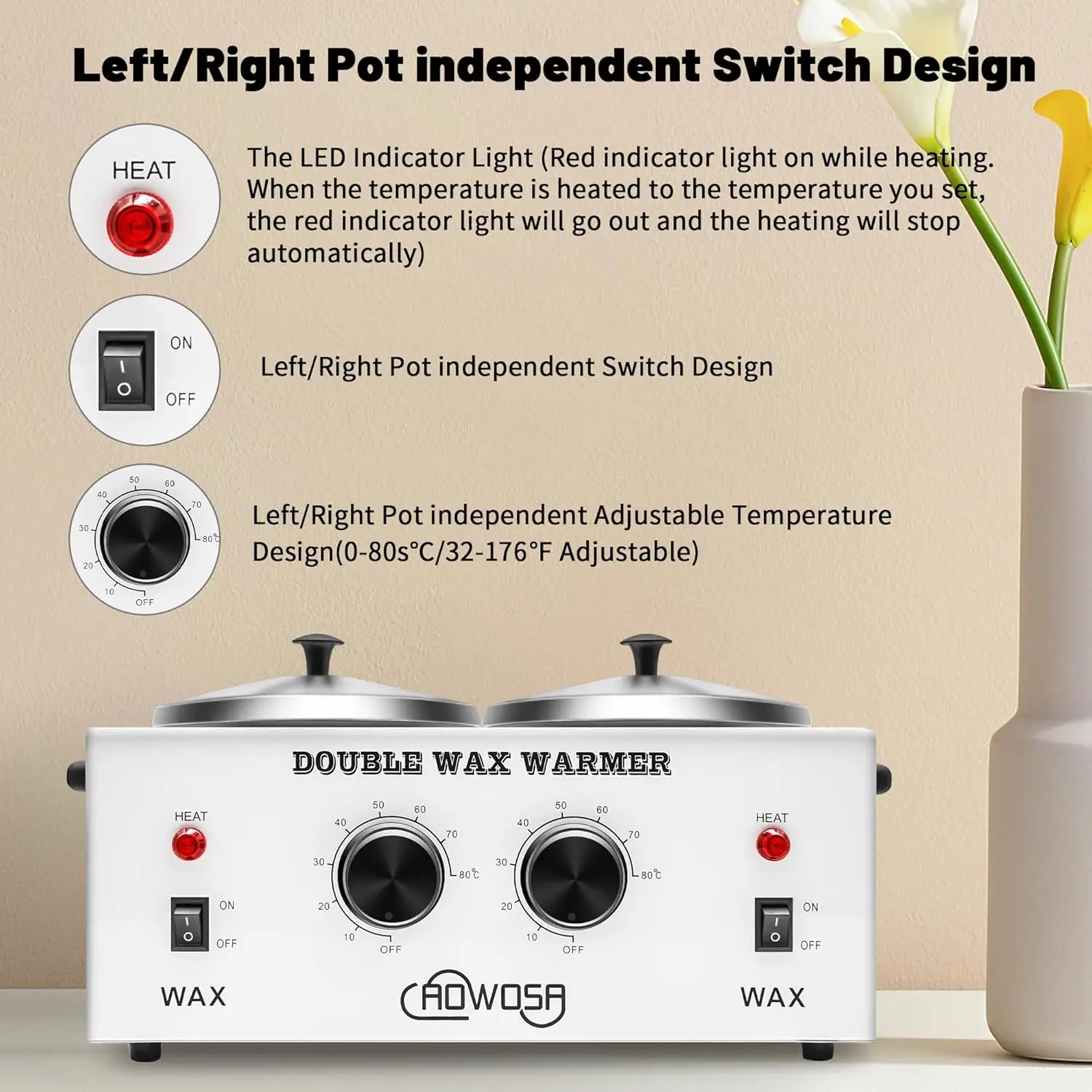 Electric Wax Heater Machine for Hair Removal, Dual Wax Pot Paraffin Facial Skin Body SPA Salon
