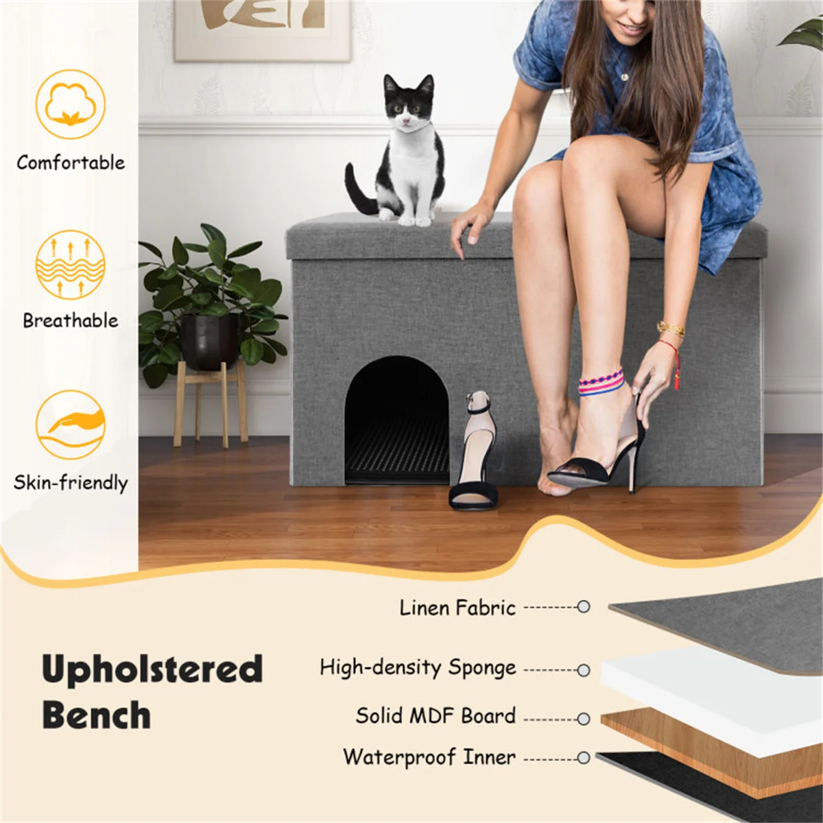 Gray Cat Litter Box Enclosure，Entrance Shoe Stool with Urine Proof Litter Mat