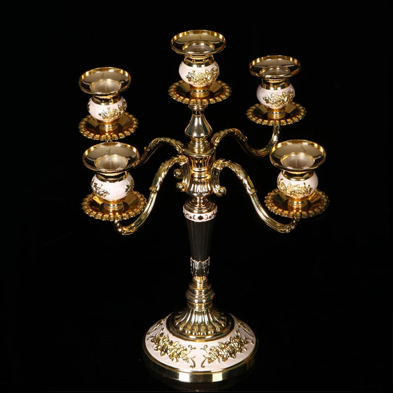 European Accents Embossed Rose Flower Design Gold Plating With White Hand Painted 3 Pieces Zinc Alloy Stick Candle Holders
