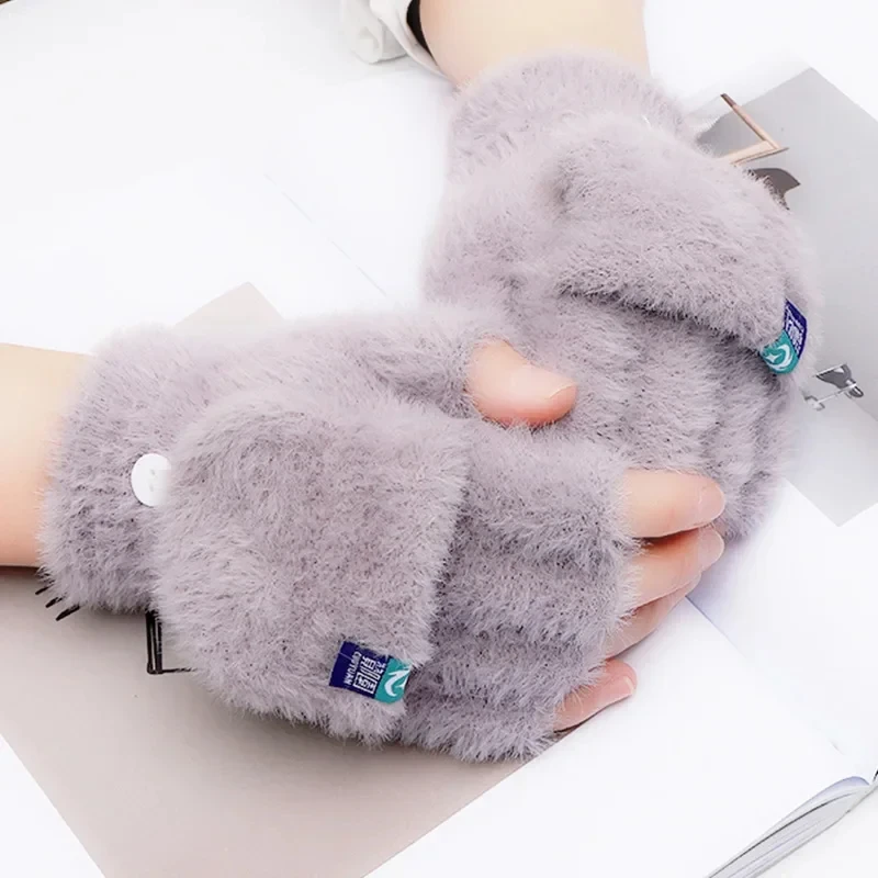 Plush Fingerless Gloves Female Winter Mitten Soft Warm Student Women Flip Gloves Outdoor Write Thickened Cold Protection