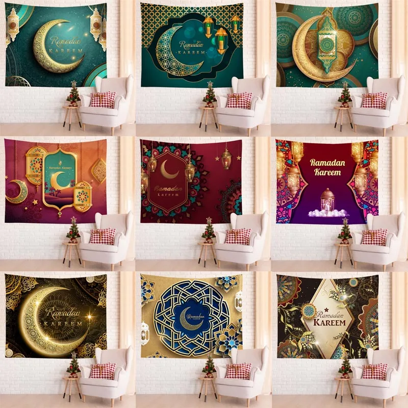 

Muslim Party Eid Mubarak Ramadan Festival Tapestry Moon Lantern Palace Pattern Decoration for Living Room Bedroom Outfit