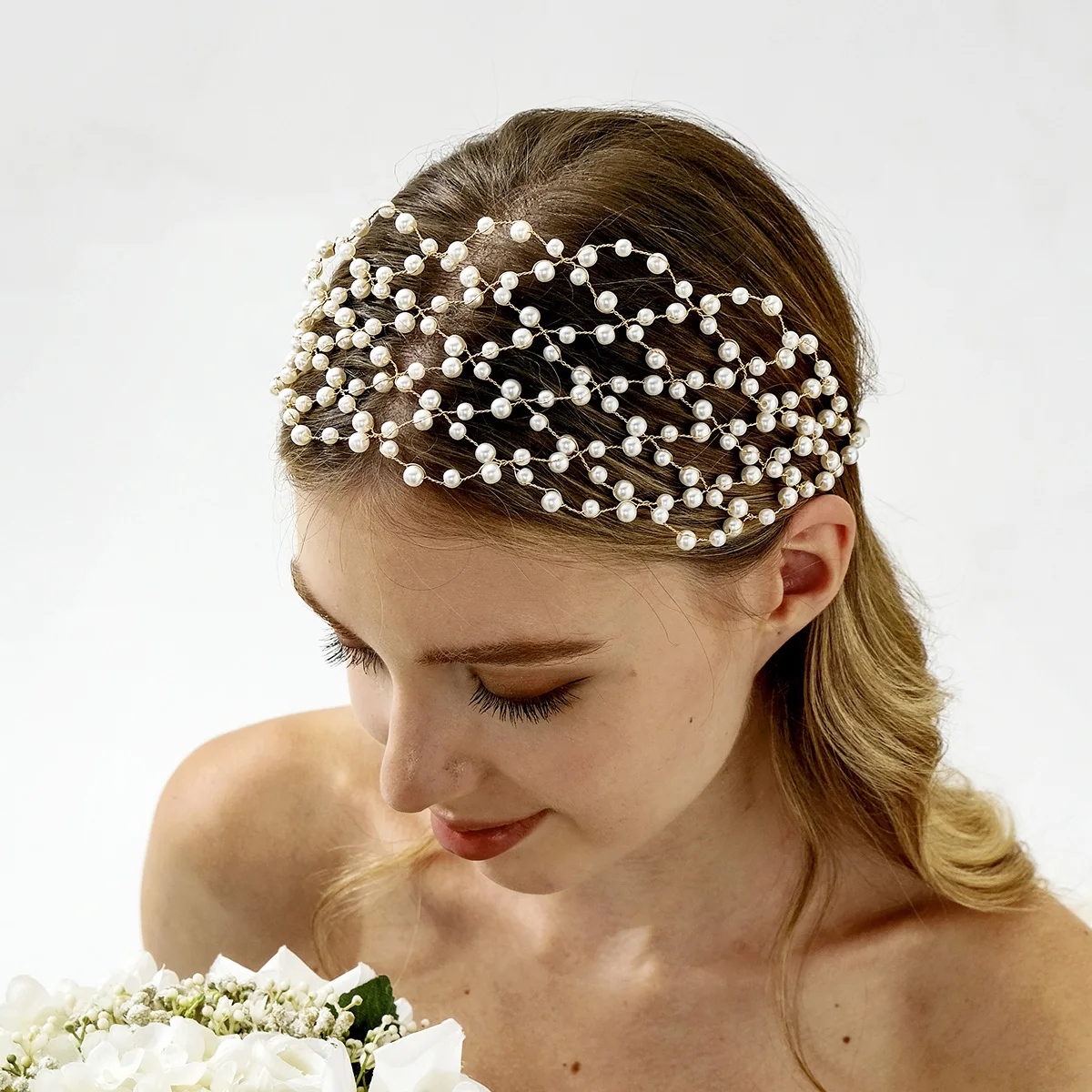 Fashion Pearl Hair Net Trendy Bride Wedding Hair Bands Sparkling Crystal Jewelry Crown Accessories For Women