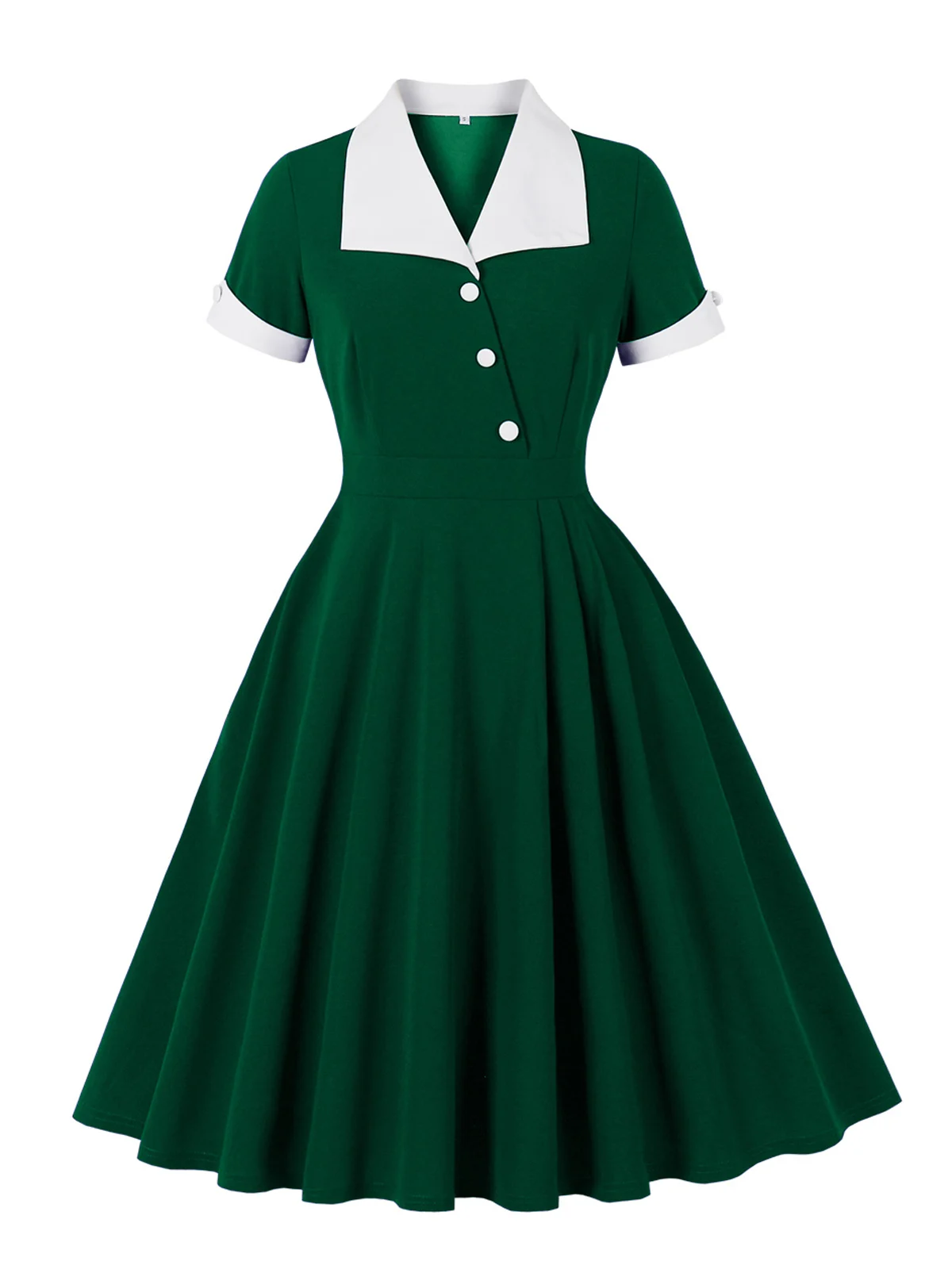 Tonval Kontrastkragen, schräge Knöpfe vorne, Sommer, Frühling, Vintage-Kleidung für Frauen, elegante formelle Anlässe, 1950er-Jahre-Midi-Kleider – Detail 14