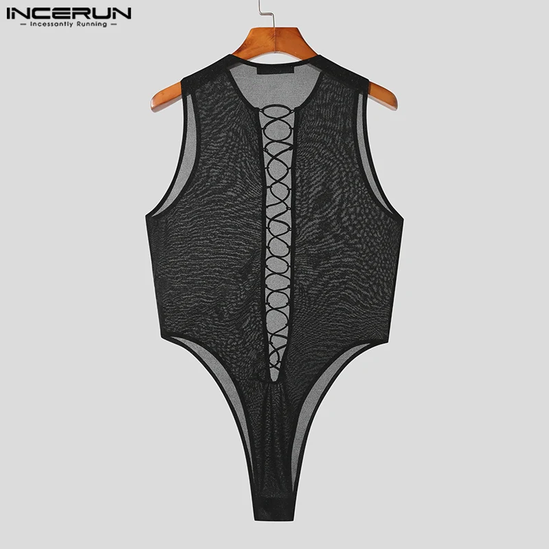 INCERUN Sexy Fashion Style New Men's Homewear Jumpsuits Casual Fashion Male Flash Lace Cross Sleeveless Triangle Bodysuits S-5XL