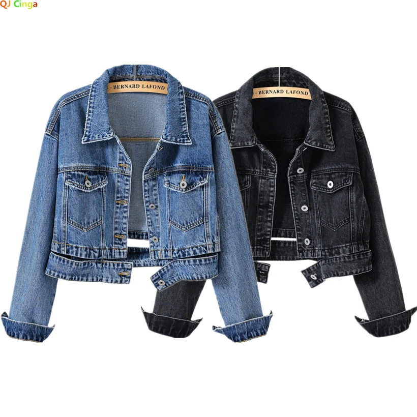 Chaqueta Vaquera Corta Para Mujer - Lazo Frontal, Manga Larga, Algodón Y Poliéster - Estilo Años 90
