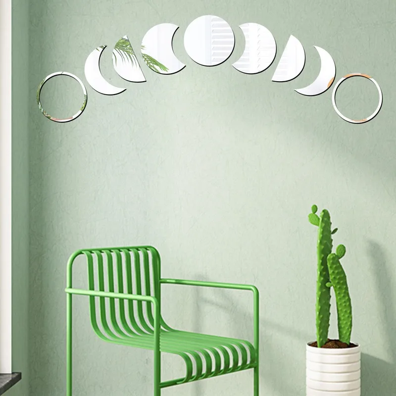 Acrylic Moon Shaped Mirror Wall Stickers Moon Cycle Change Lunar Eclipse Decorative Wall Mirror Art Home Decoration 9pcs/set