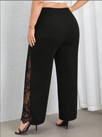 Women's plus size black elegant spring summer casual split lace patchwork loose elastic waist wide leg pants straight leg pants - Image 2