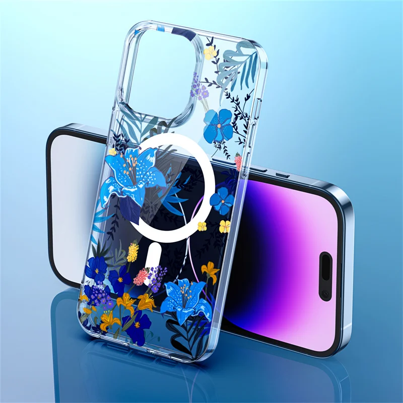 Transparente Magsafe-Hülle mit schönen Blumen für iPhone 16 Pro Max 15 14 13 12, dünne, harte, kabellose Ladeabdeckung aus Acryl, Funda 14Pro_voghion.com