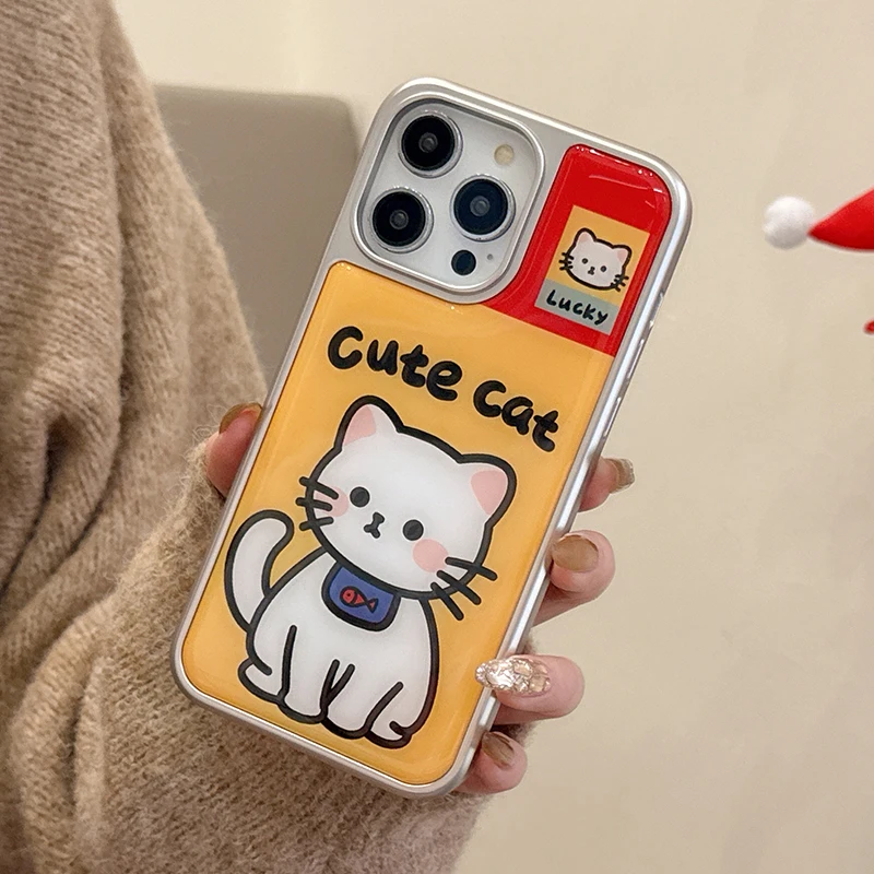 Cute Lucky Cat Glossy Back Cover Case For iPhone 16 15 13 14 12 Pro Max Plating Silver Bumper Phone Shell