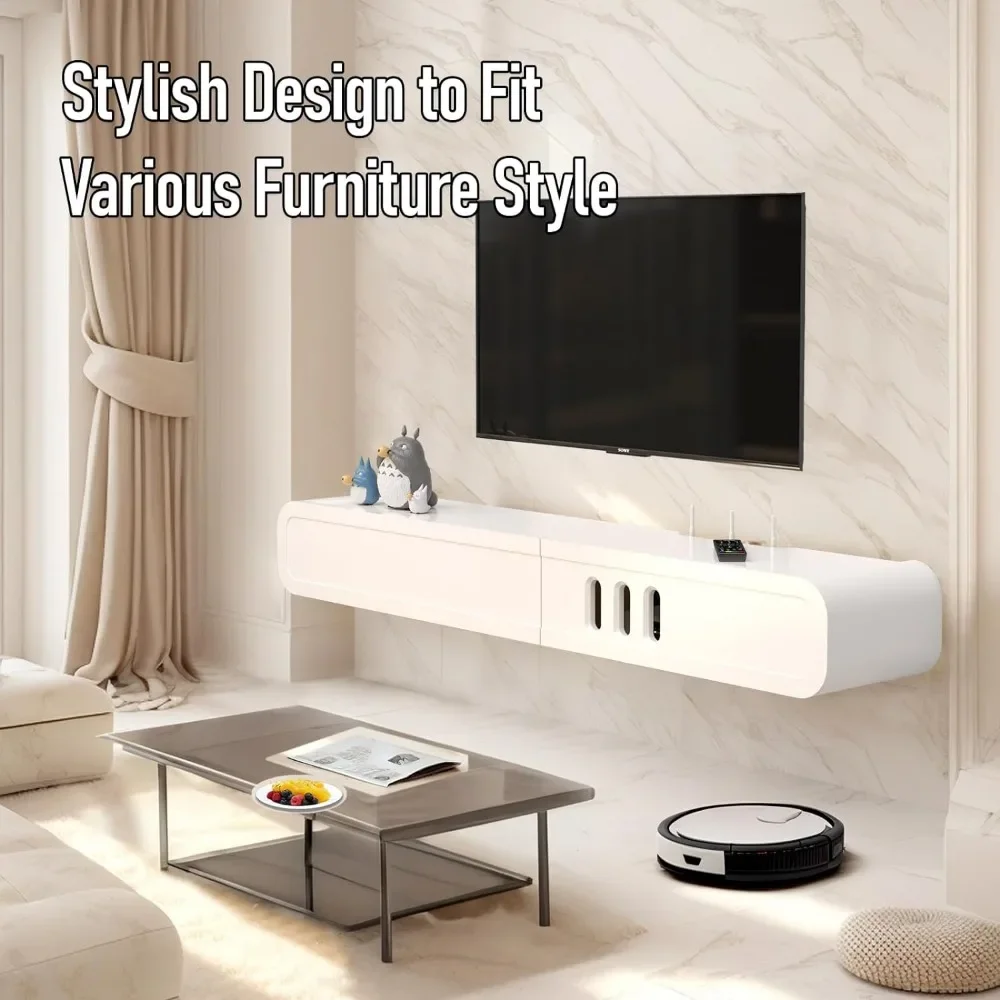 52'' High Gloss Wall Mounted TV Cabinet, Floating TV Shelves，Modern Entertainment Media Console Center Large Storage TV Bench 6