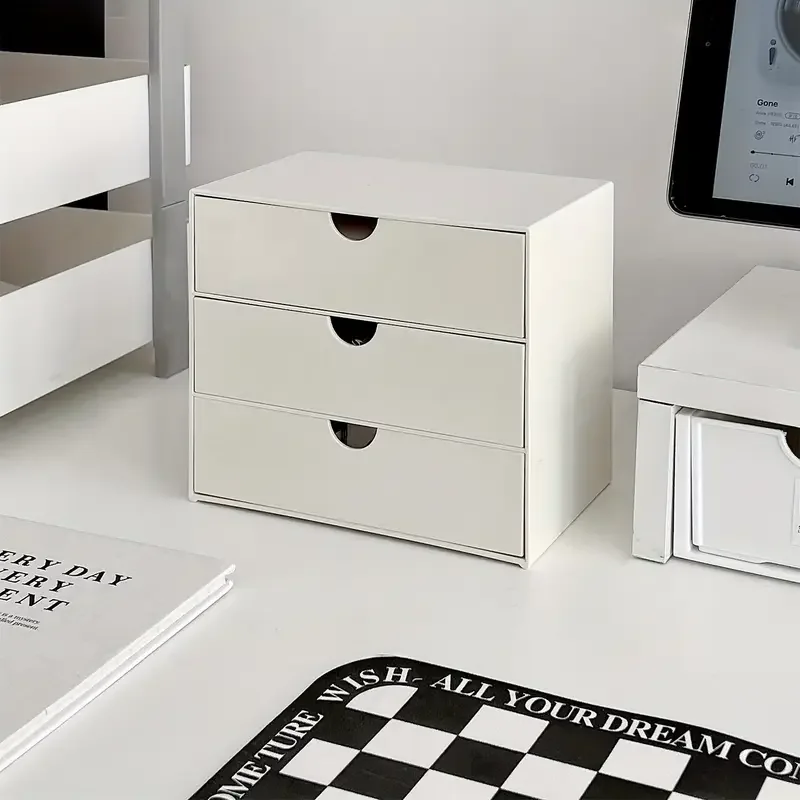3-layer Stackable Plastic Storage Drawer Rack Desk Organizer Stationery Boxes Accessories Office School Supplies White
