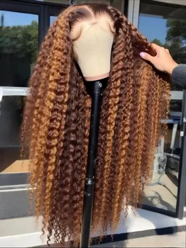 Highlight Curly Wig 13x4 Lace Front Human Hair Wigs For Women Glueless HD Deep Wave Lace Frontal Pre Plucked Wig 4/27 Colored 1