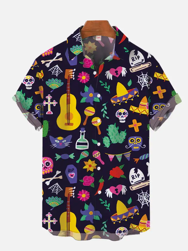 2024 Fashion Men's Hawaiian shirts Mexican Style Colorful Graffiti Art Poster Prints Short Sleeve Shirt  Hawaii style clothing 4