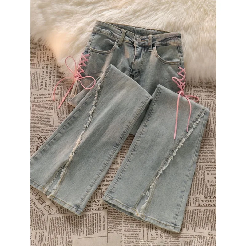 

American Split Jeans Women Pink Bandage High Waist Irregular Spliced Denim Pants Zipper Fly Trousers Y2k Femme