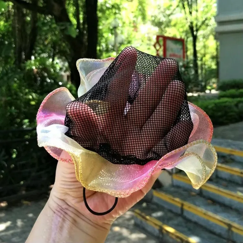 New Children's Ballet Dance Ball Hair Net Cover Girl Snow Gauze Lace Updo Hair Net Hood Flower Drawstring