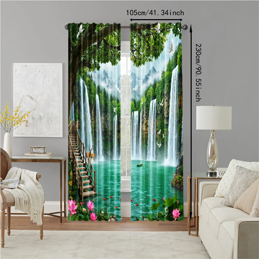 2pc, Party Window Curtains Forest waterfall pattern Fabric,Without Electricity Birthday Party Applies to aesthetic room decor 4