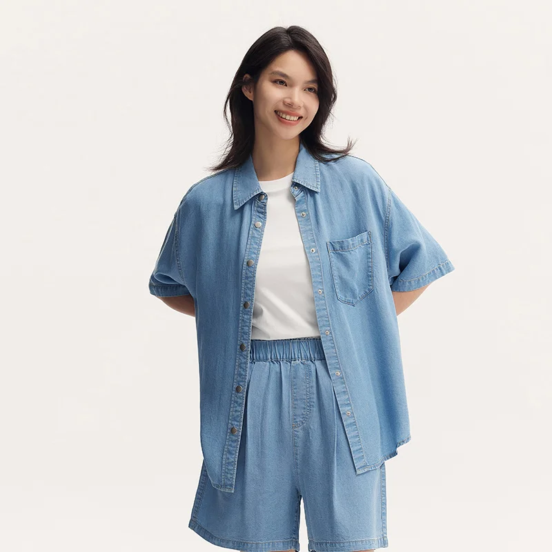 여성용 세미 데님 셔츠, 중간 길이 드롭 숄더, 루즈핏 반팔, 부드러운 데님 블라우스, 편안한 캐주얼, 2024 여름 신상