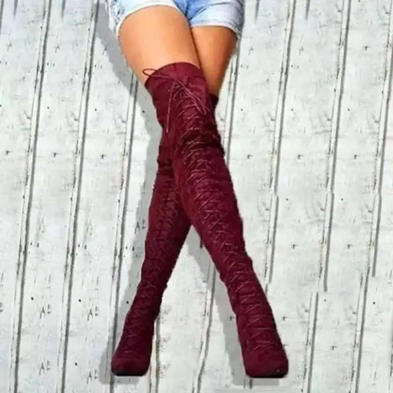 Knee High Boots Lace Up Burgundy Boots 2023 Women Over The Knee