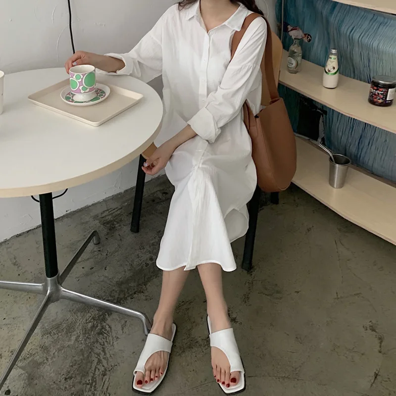 

Women Long Blouse Shirt Dress Loose Korean Cotton Clothing New Spring Autumn Oversized Elegant Work Dresses White Blue Mujers