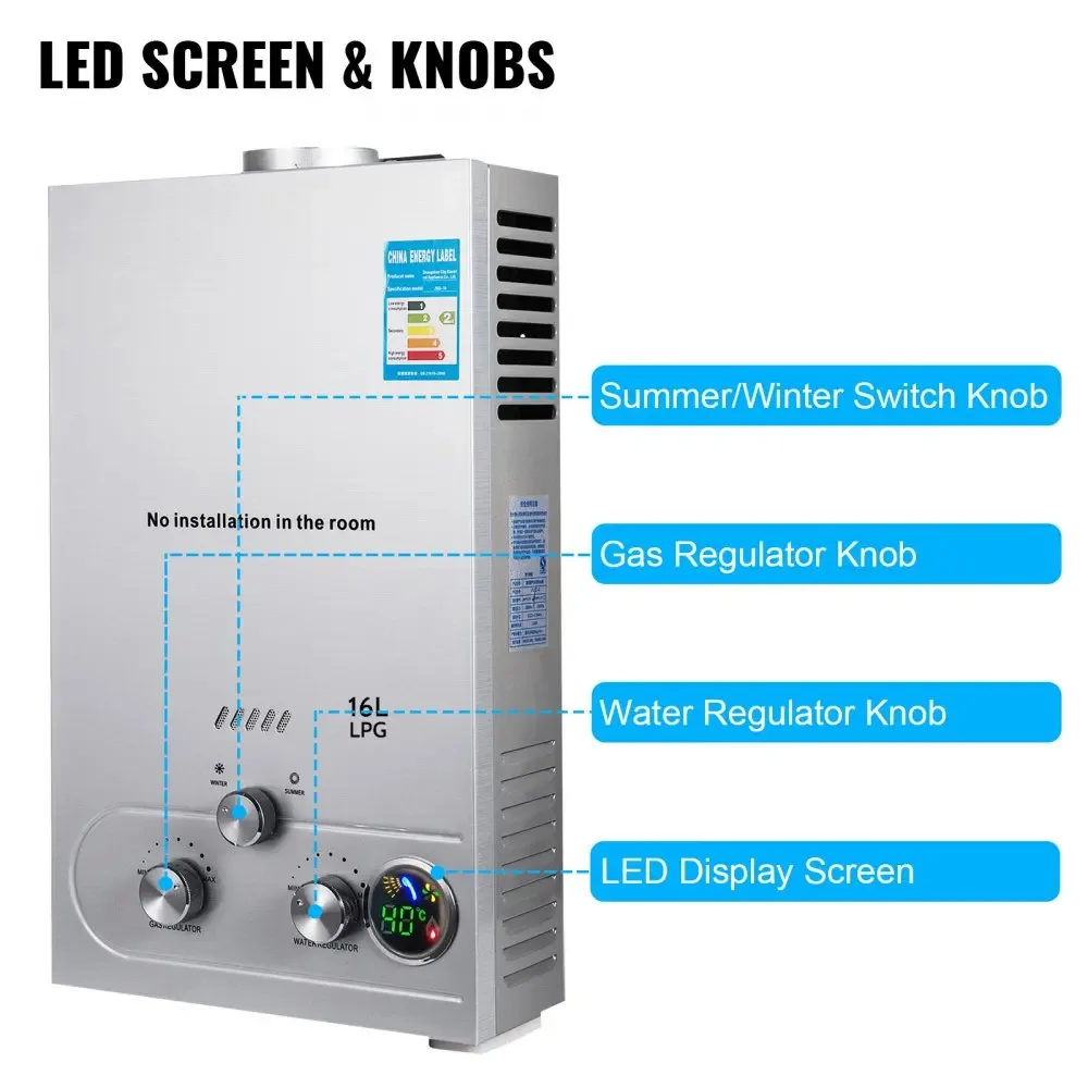 Propane Water Heater VEVOR Propane LPG Hot Water Heater Gas Stainless Steel Tankless Boiler Home Appliance 6L-18L