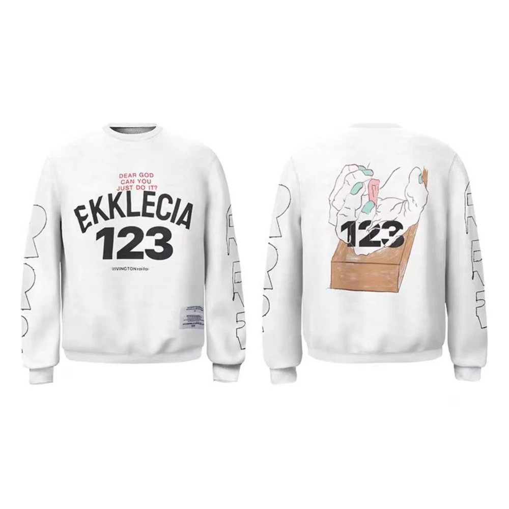 

High quality RRR123 graffiti letter cartoon printed pullover, American washed retro loose fitting men's and women's style