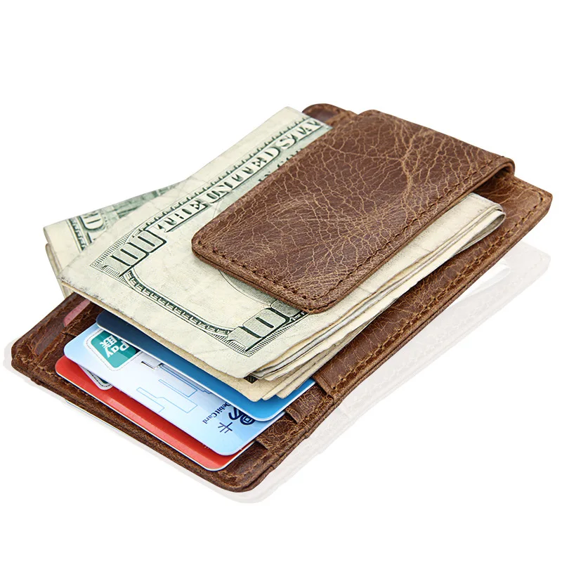 

Retro Rfid Card Holder Money Clip 100% Genuine Leather Men's Wallet Soft Bifold Male Purse Cash Clamp Slim Money Purse